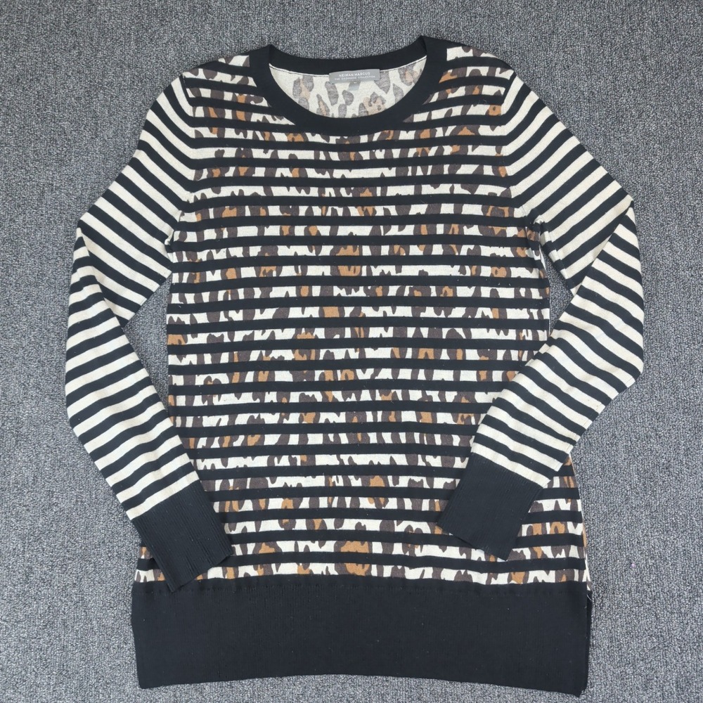 Neiman Marcus Luxury Leopard Stripe Sweater Womens‎ M Black White Silk Cashmere